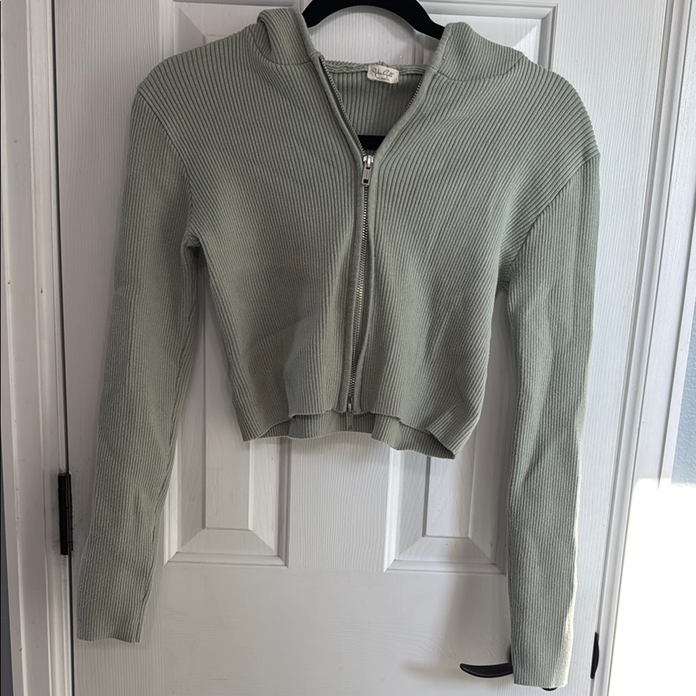 Brandy Melville Double Zipper Sage Green Cropped Hoodie